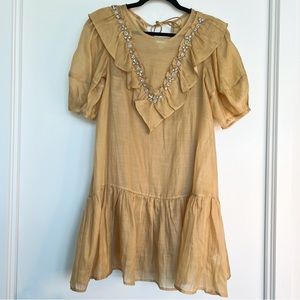 Handmade Silk Cotton Mini Dress Short Puff Sleeves Crystal Rhinestones - 2pc set